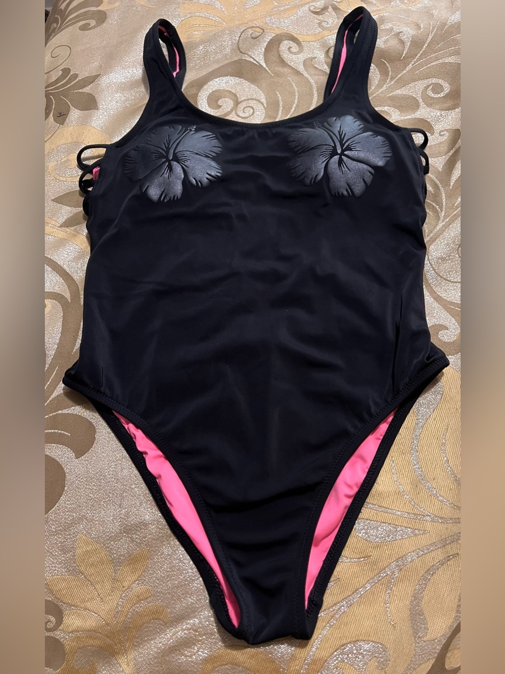 PINK Victoria’s Secret Black Hibiscus One Piece Swimsuit Strappy Sides